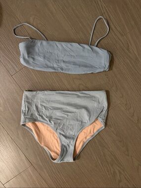 Madewell Light Blue Ribbed Bandeau Bikini with Peach Lining